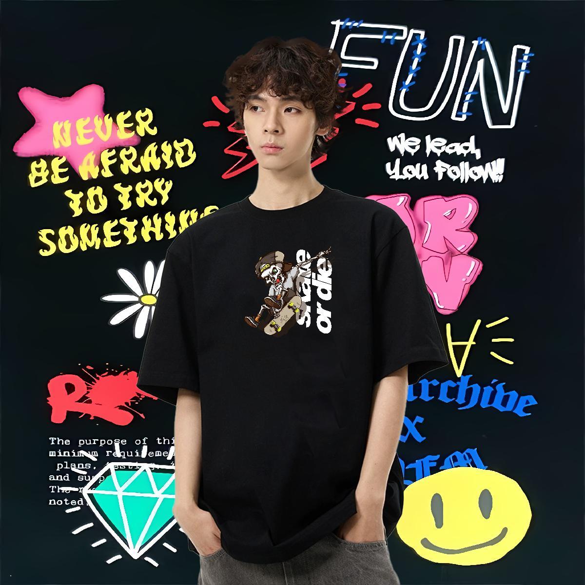 New Mens T Shirts skull Top Tees 230g Cotton Street Loose Anime Print Pure Cotton Men Tops Tees