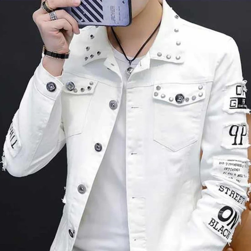 Mens denim jacket with short rivets casual ultrathin white mens Jean Coats Korea Lxury washed in the fabric Rock Joker at lowest price size L 240807