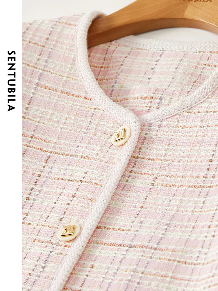 SENTUBILA Women Pink Tweed Jacket Autumn Elegant Round Neck Long Sleeve Single Breasted Straight Short Jackets W41W53601 240812