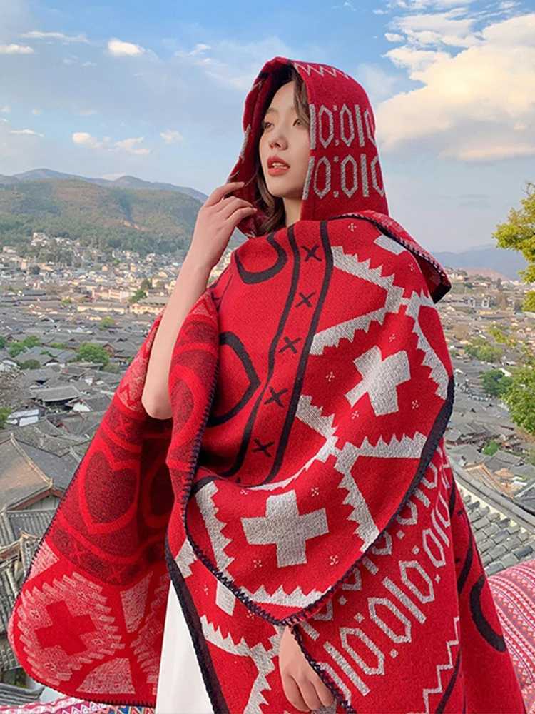 Imitation cashmere elegant womens scarf winter hooded raincoat warm womens bohemian thick packaging blanket Capa Para unprinted cashmere shawl W240810