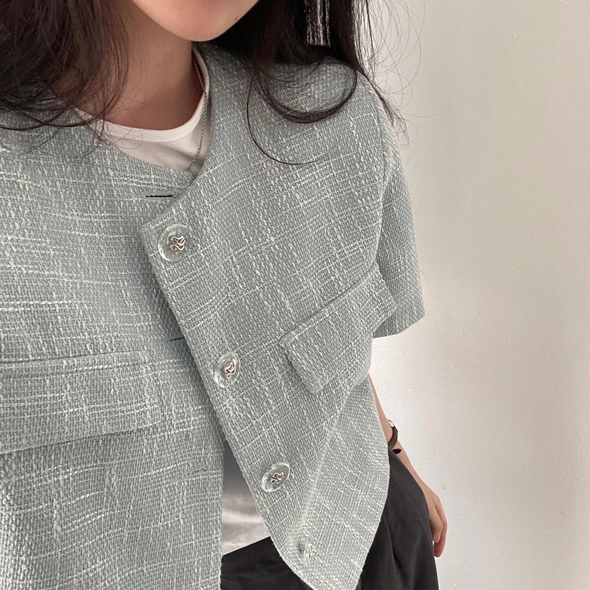 Womens high elegant Tweed Guardian Short Coat Pocket Single Breasted Jacket Short-sleeved Loise Outwear summer 240812