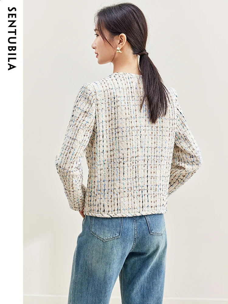 SENTUBILA Contrast Plaid Cropped Tweed Jacket for Women Elegant Straight Long Sleeve Autumn Winter Short Coats 133W49788 240812