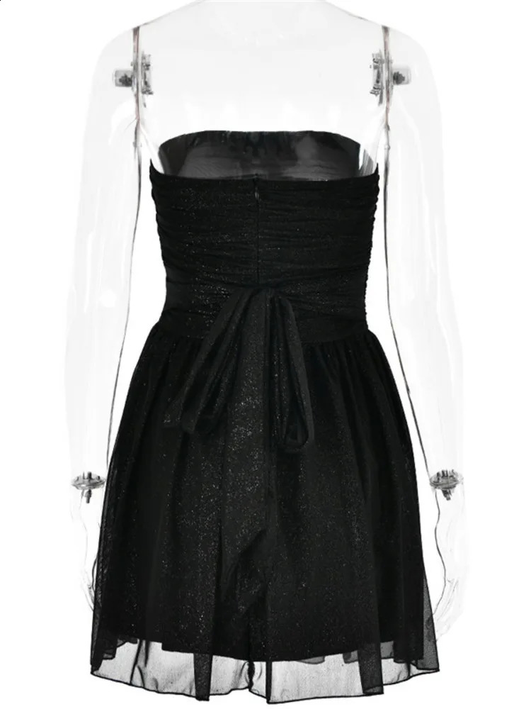 Mozision Elegant Strapless Sexy Mini Dres Fashion Black Offshoulder Backless Pleated Sequins Sparkle Club Party Dress 240810