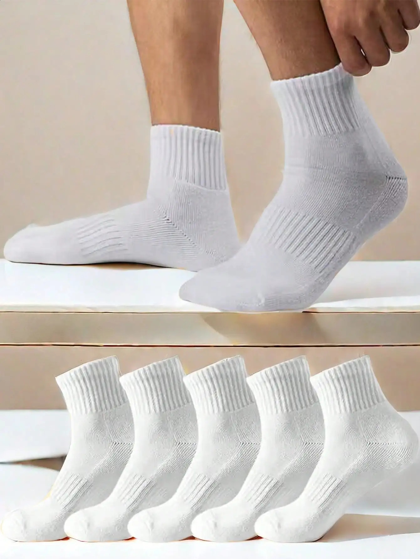 5Pairs Mens White Midcalf Length Antiodor Sports Socks For Summer 24