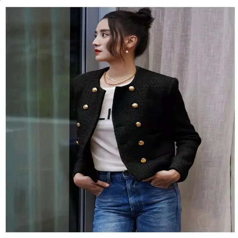 Yellow Chic Style Jacket for Women Spring Arrival Elegant Lady High-End Feel Coarse Tweed Suit Short Top 240812