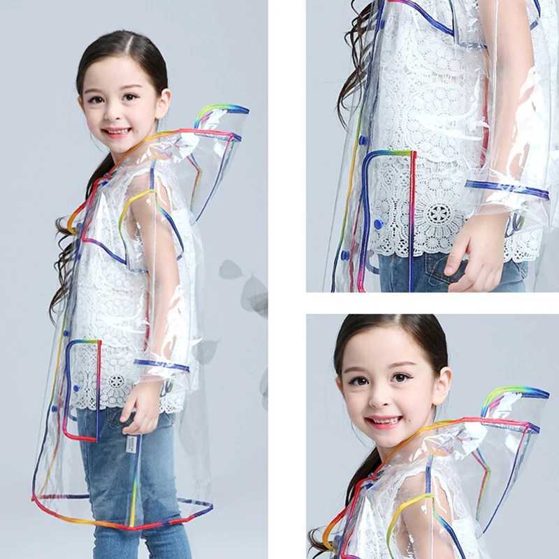 Transparent Rainbow Edge Kids Raincoat Waterproof EVA Children Rain Coat Windproof Rain Jacket Poncho Hat Kindergarden Rain Gear Y240810