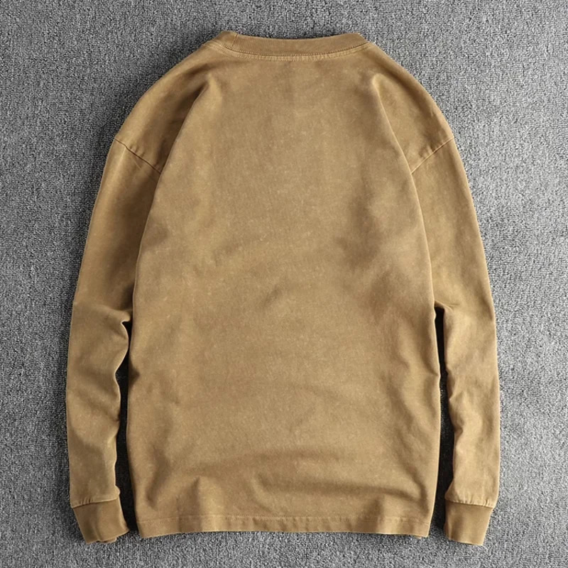 Simple letter printing American retro trend loose long-sleeved T-shirt men heavy old wash cotton base shirt 240812