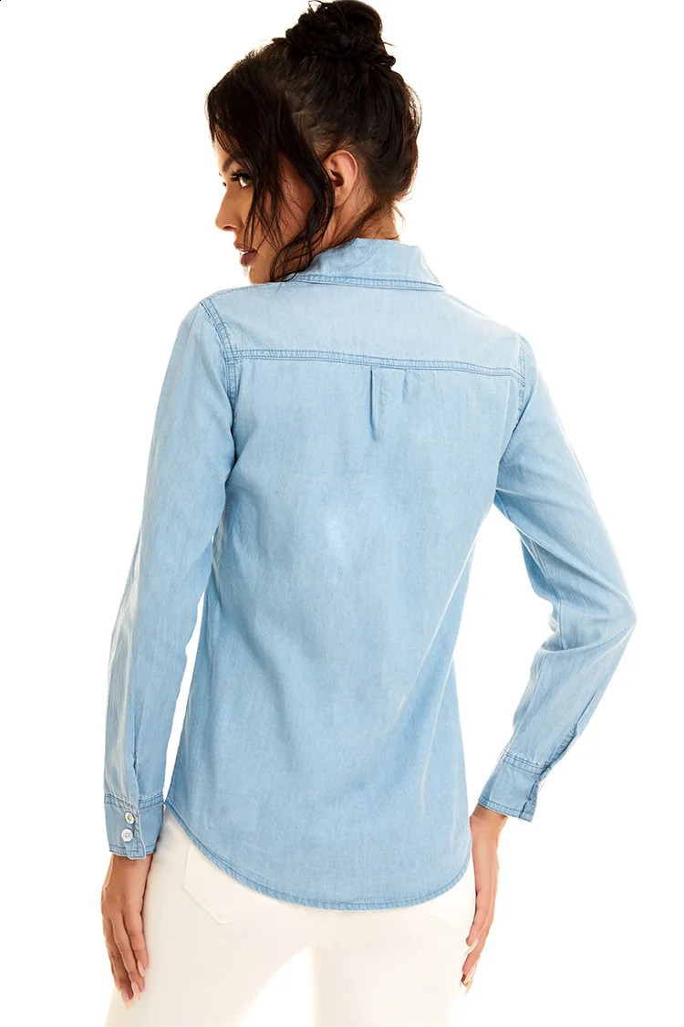 Light Blue Slim Thin Cotton Denim Shirts For Woman 2024 Spring Casual Ladies Tops Long Sleeve Jeans Blouses Clothing 240812