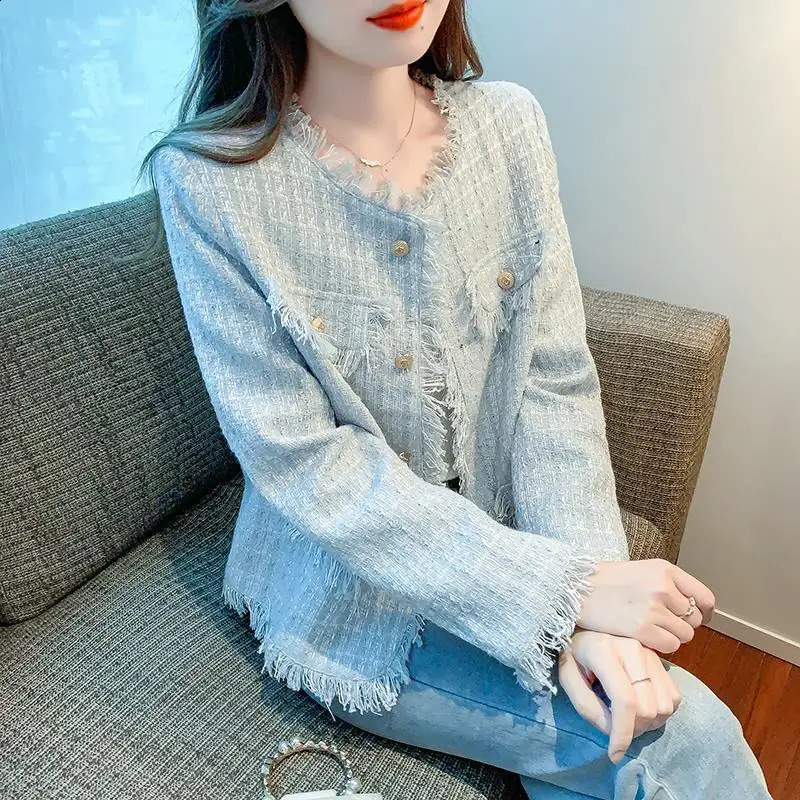 Light blue tweed tassel short jacket spring and autumn womens clothing jacket 240812