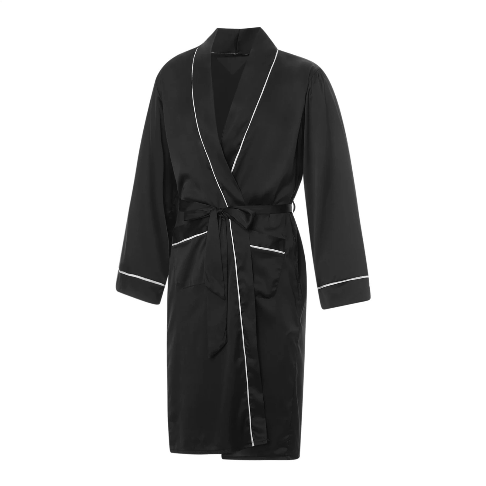 Men Satin Bathrobe with Belt Adults Contrast Color Long Sleeve V-neck Night Robe with Pockets SMLXL 240812