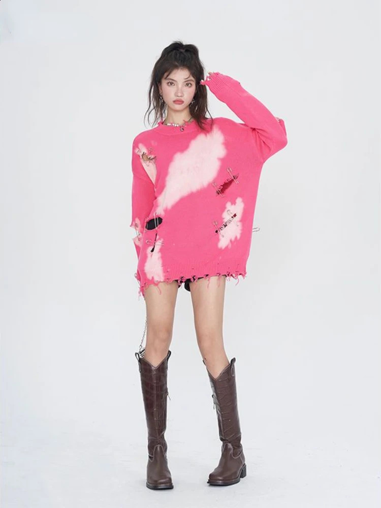 HOUZHOU Harajuku Gothic Sweater Women Streetwear Hollow Out Y2k Tops Autumn Winter Knitted Pullovers Oversized Vintage Sweater 240812
