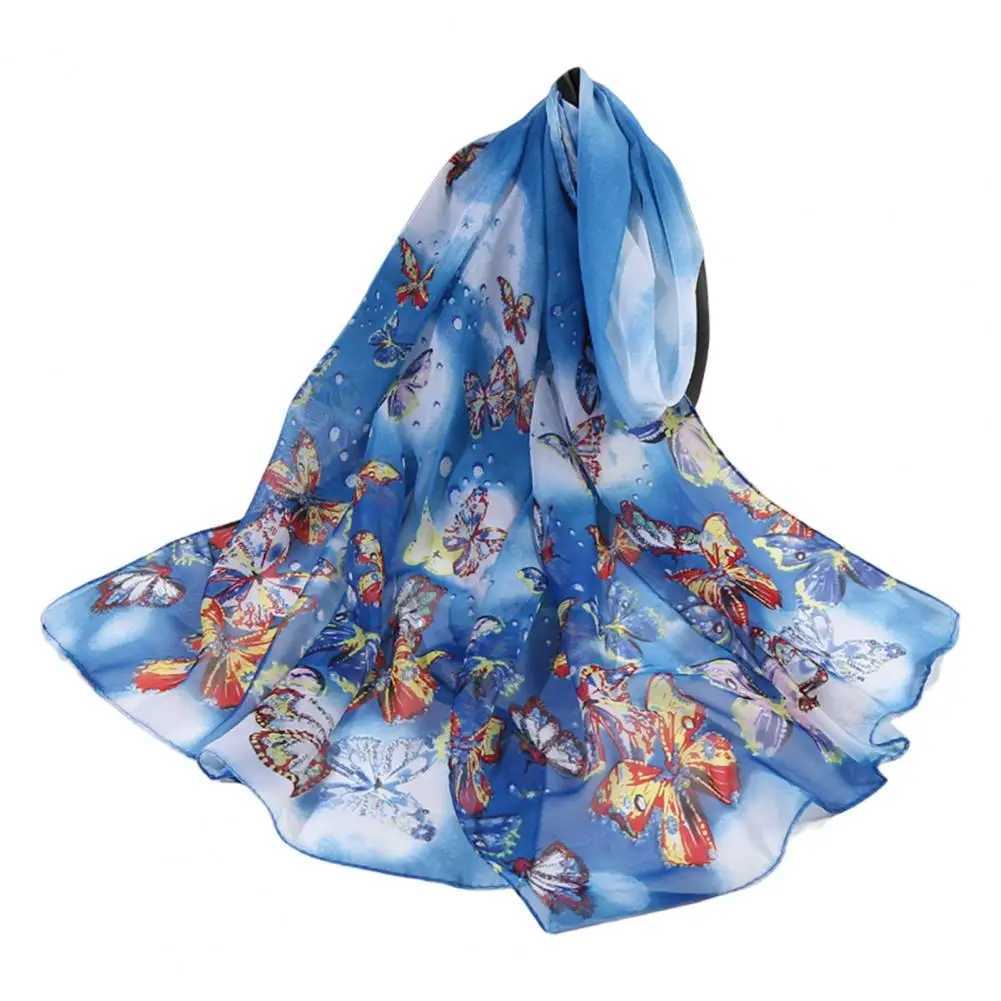 Fashionable synthetic silk scarf colorful chiffon shawl breathable summer butterfly printed long shawl packaged dress W240810