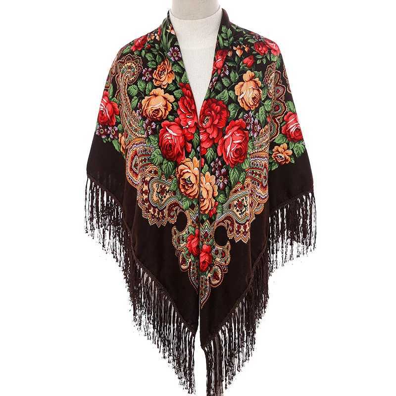 135 * 135cm Womens Russian Square Scarf Luxury Flower Printed Ribbon Scarf Babushka Hand Scarf Curly Blanket Shawl Head Bag W240810