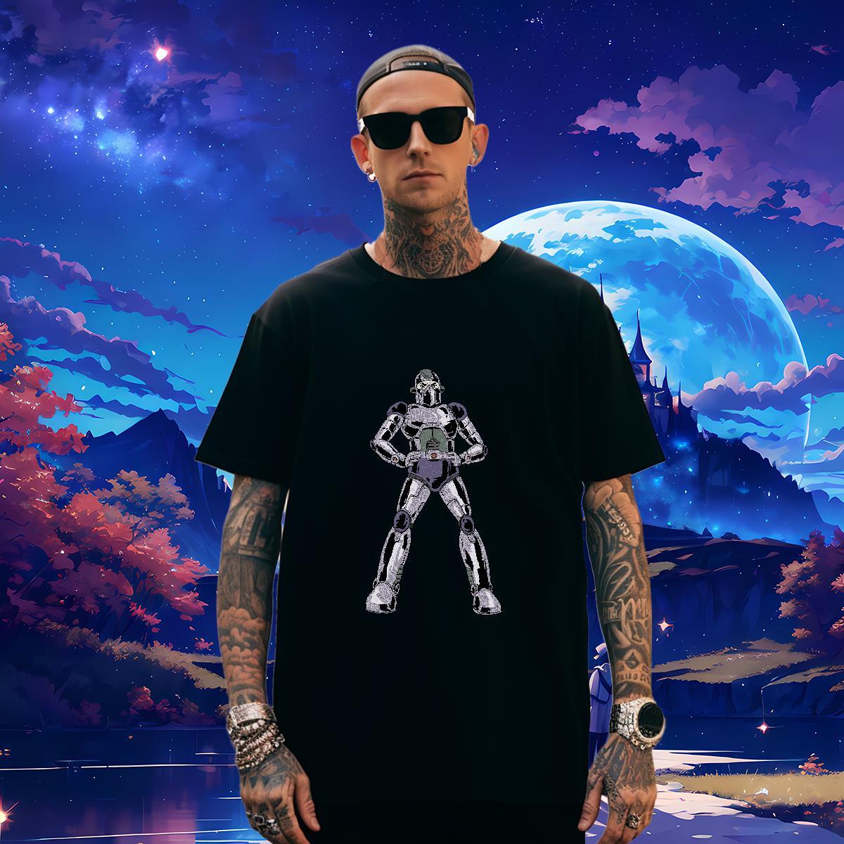 TOP Quality Men Tshirts robot 100% Cotton 230g Street Crew Neck Breathable T-Shirts Black Oversized New Arrival Top Tees