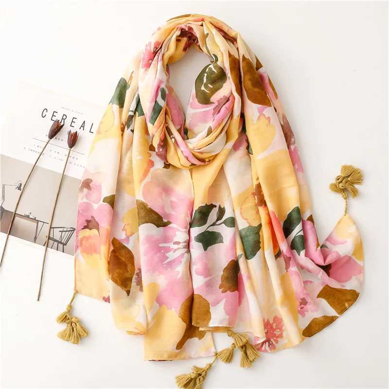 2023 Luxury Brand Ink Painting Flower tassel Adhesive Shawl Scarf Womens High Quality Pashmina Headscarf and Wrap Foulard Muslim Sjaal W240810