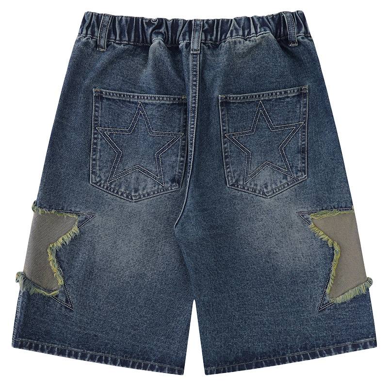 Mens Clothing American Street Hip-hop China-chic Style Star Patch Jeans for Mens Summer Short Loose