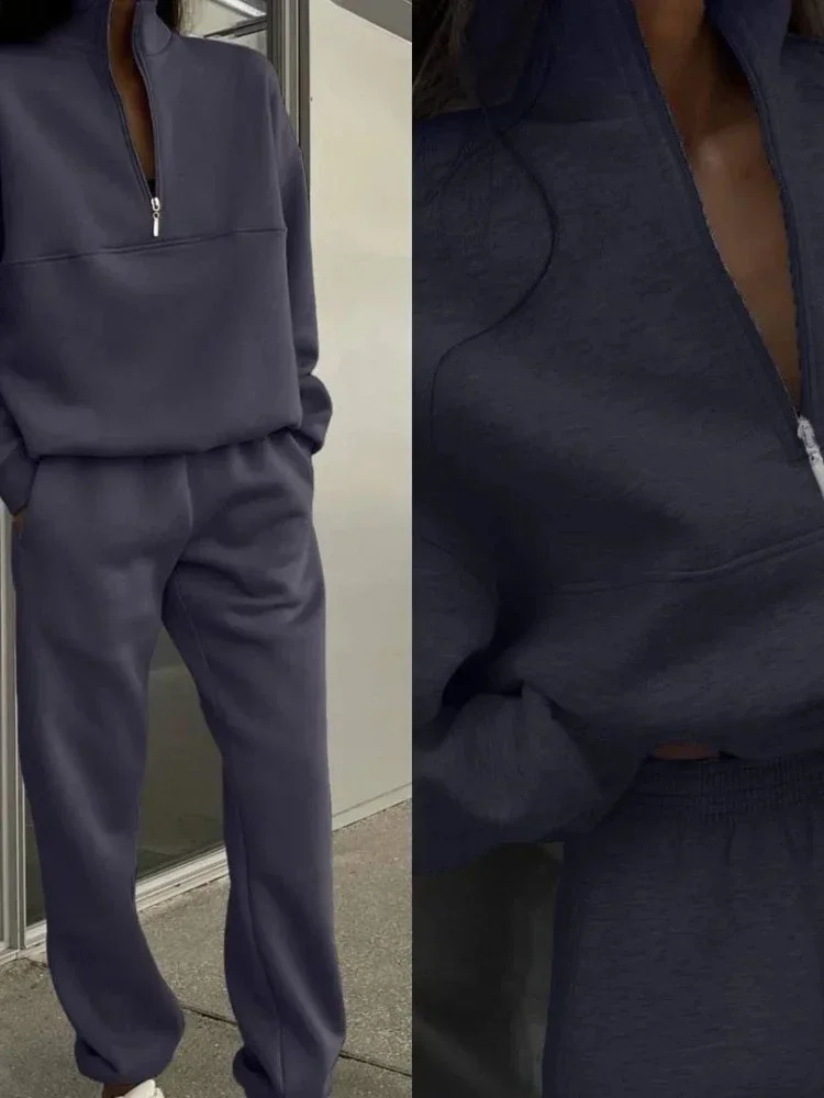 Tracksuit Women Pant Sets Two Piece V Neck Long Sleeve Solid Pullovers Loose High Street Elastic Waist Pencil Pants Flat Zipper 240812