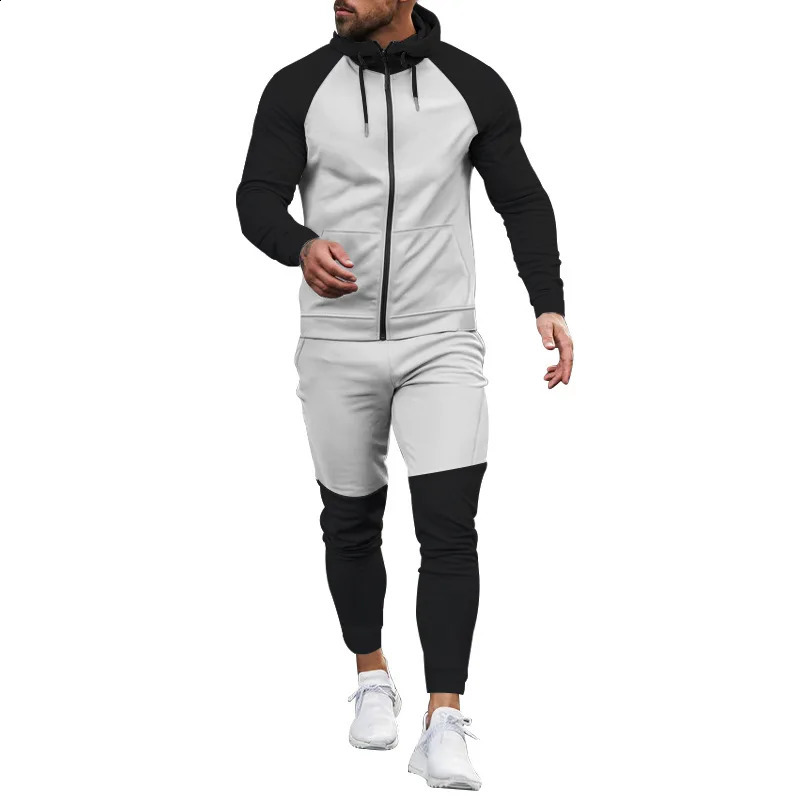 Autumn winter hoodie color matching sports suit Casual sports suit mens coat trousers fashion set 240812