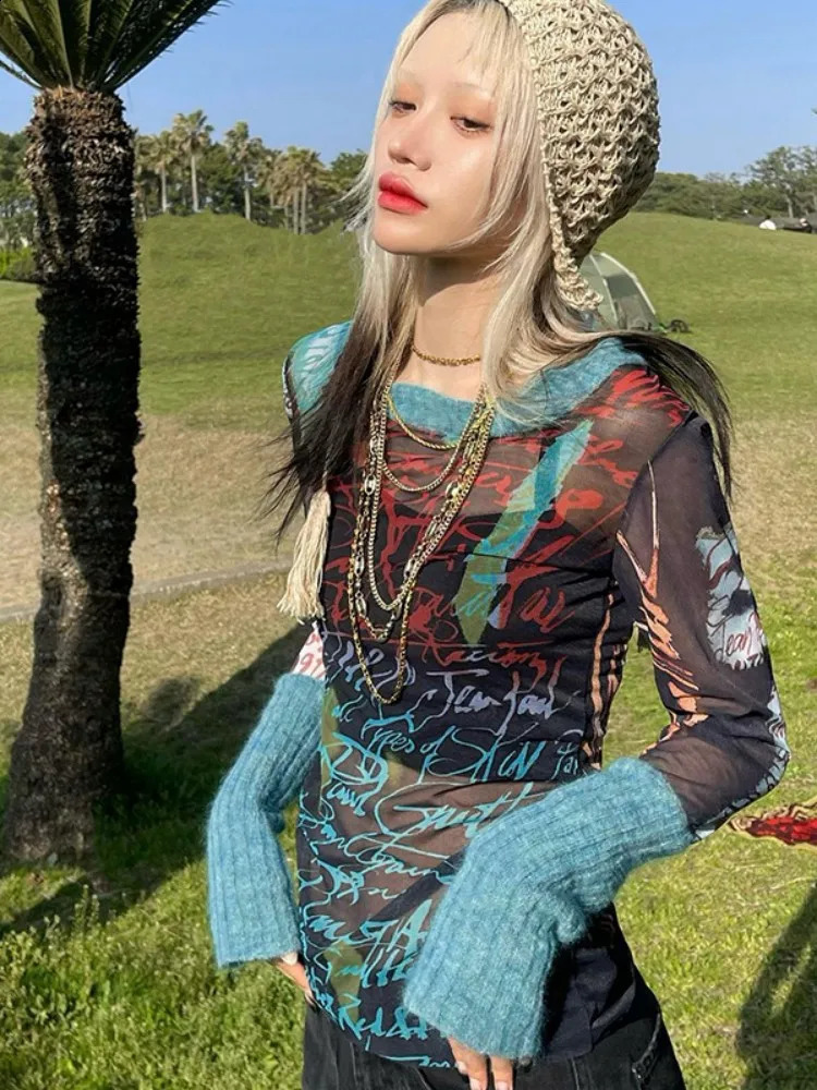 Printed Y2k accessories crop top womens long sleeved graphic T-shirt O-neck Gothic aesthetic T-shirt Pullover Ropa De Mujer240812