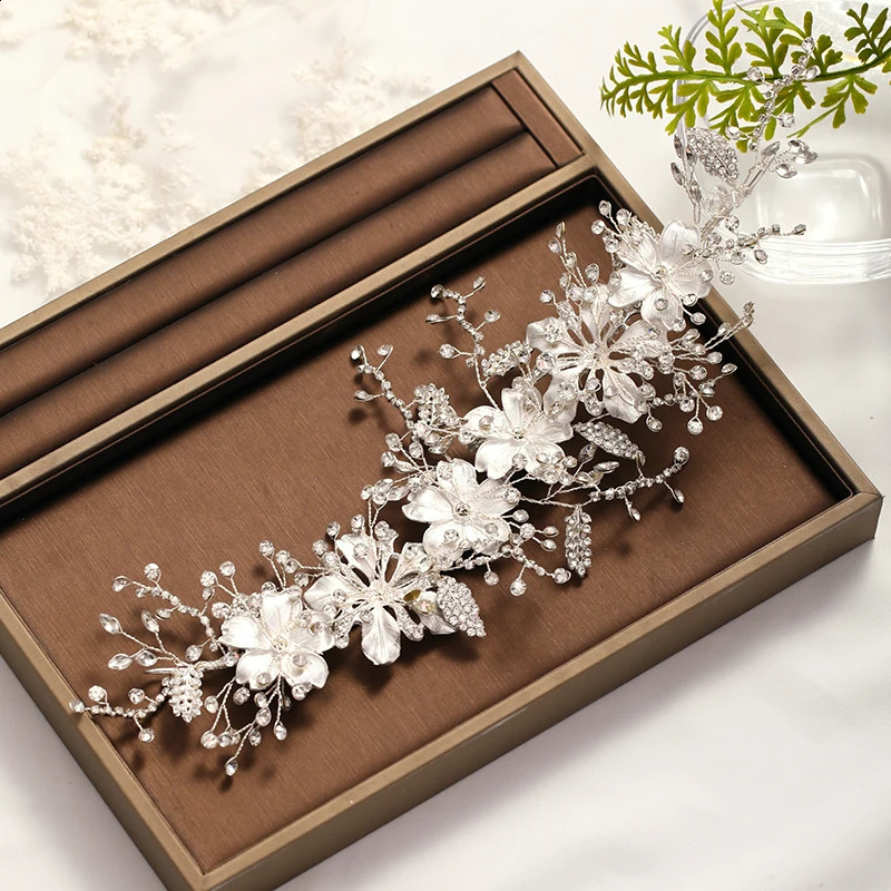 Wedding Headband Silver Color crystal Tiara Handmade Bride Headdress Flower Leaf Hair Jewelry Headband Bride Hair Accessories 240805