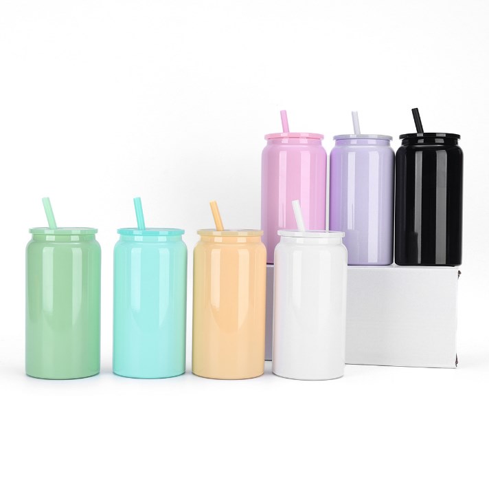 Sublimation 16oz stainless steel tumbler juice can bottle with colorful lids reusable straw beer Soda Can Cup drinking cups