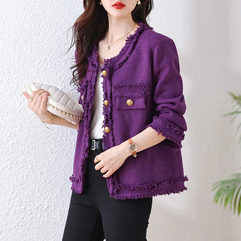 Purple long sleeved tweed womens coat autumn/winter tassel temperament small fragrant style top 240812
