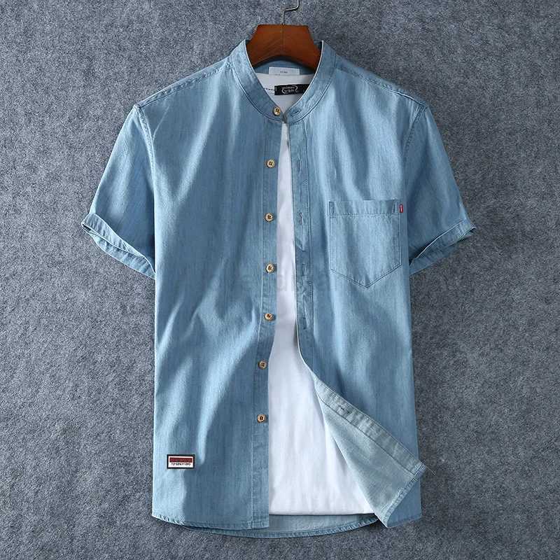 Mens Blue Denim Shirts Short Sleeve Jean Shirts New Summer High Quality Men Cotton Light Blue Denim Shirts Plus size L-8XLXJ240812