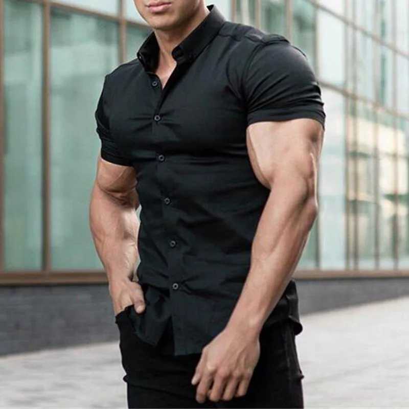 Men Casual Short Sleeve Shirt Street Wear Lapel Button Solid Color Muscle Fitness Brother Shirt For Male Vintage Vacation BlouseXJ240812