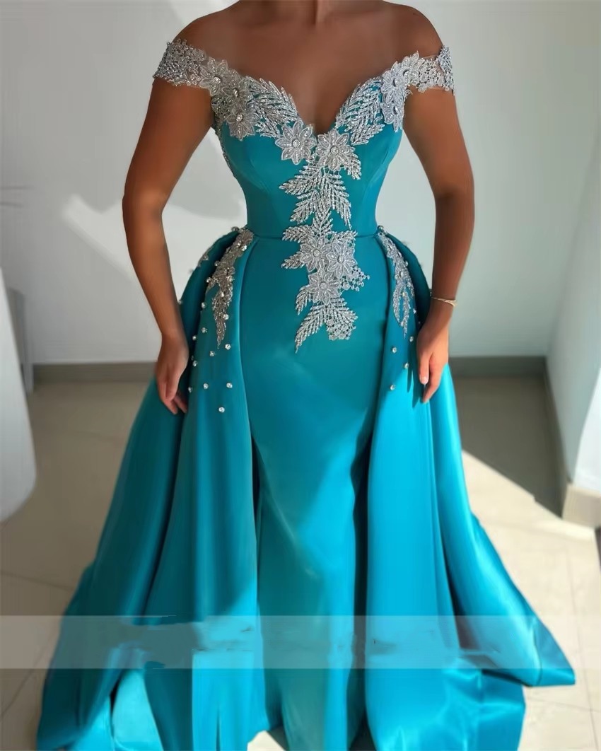 Sexy Off Shoulder Mermaid Prom Dresses 2025 WHite Lace Pearls Plus Size Formal Evening Ocn Gowns With Overskirt Train