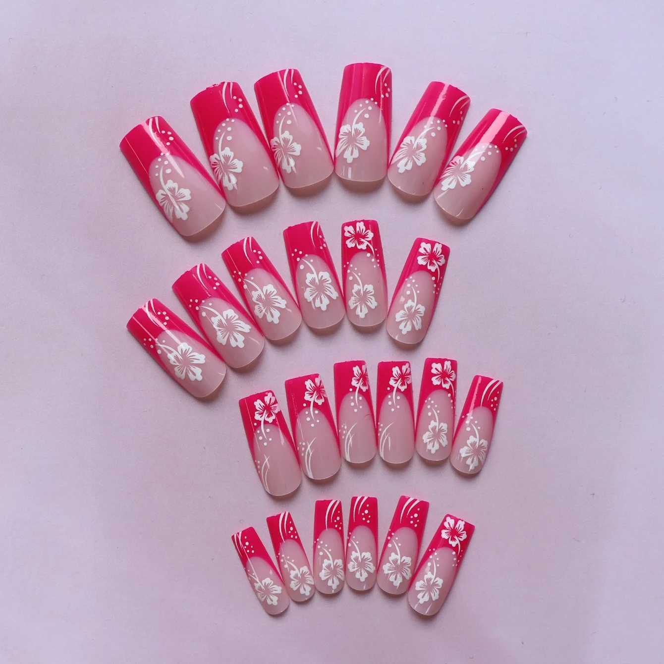 24 sweet cherry red printed cotton satin full set of fake nails French white suitable for womens daily wear 1 nail file and W240810
