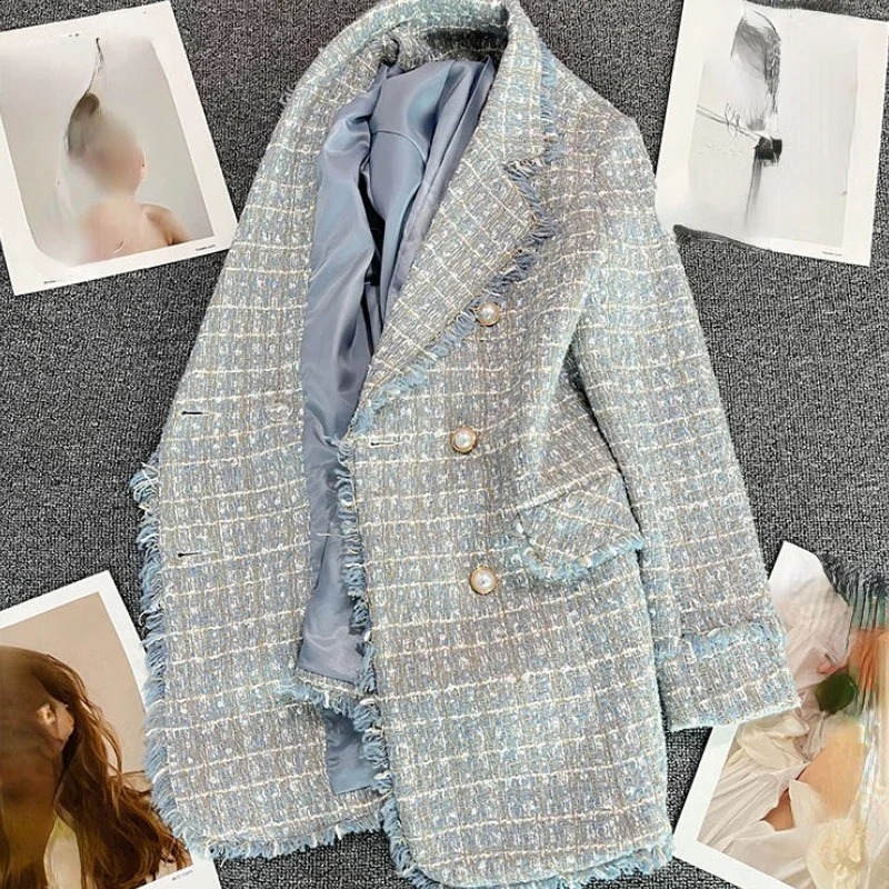 OCEANLOVE Double Breasted Blazer Women Spring Autumn Plaid Tweed Jackets Korean Fashion Vintage Elegant Blazer Mujer Outear 240812