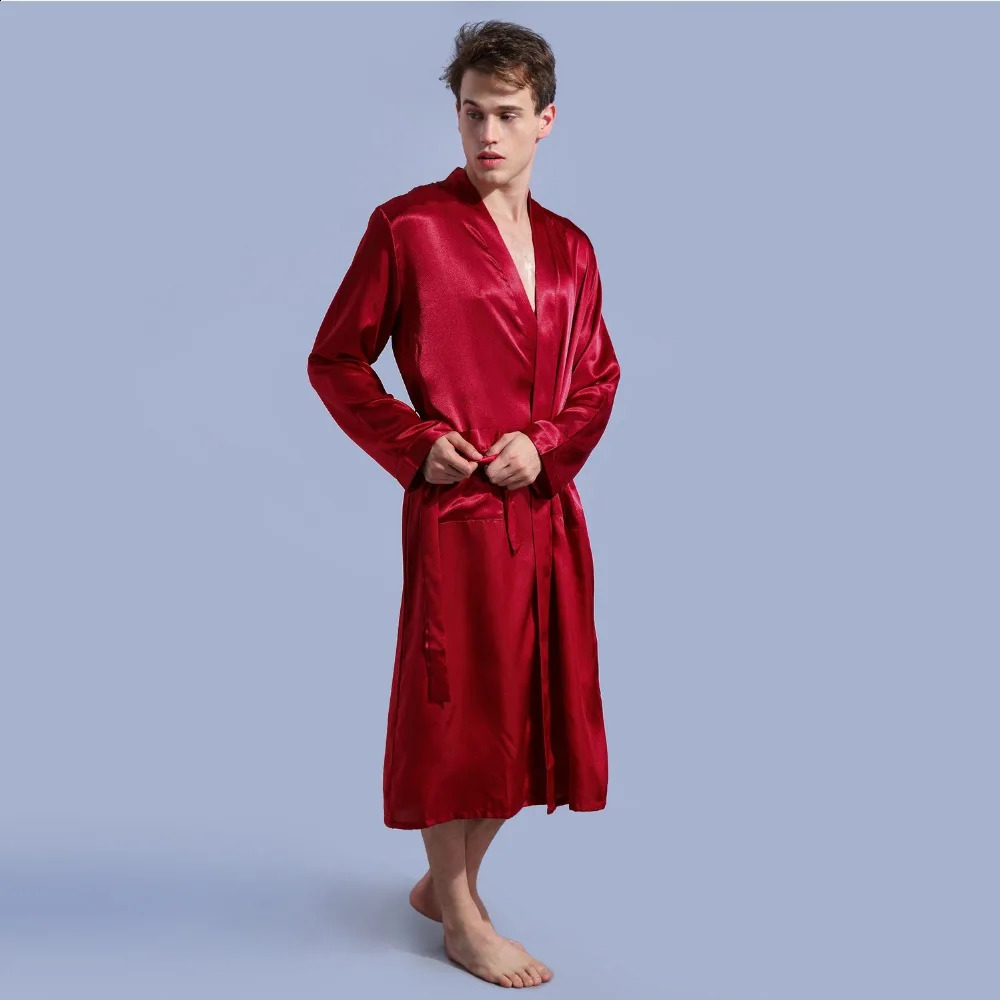 Burgundy Size S - XXL Chinese Mens Rayon Satin Casual Nightwear Robe Gown Solid Color Kimono Bathrobe Sleepwear Pajamas 240812