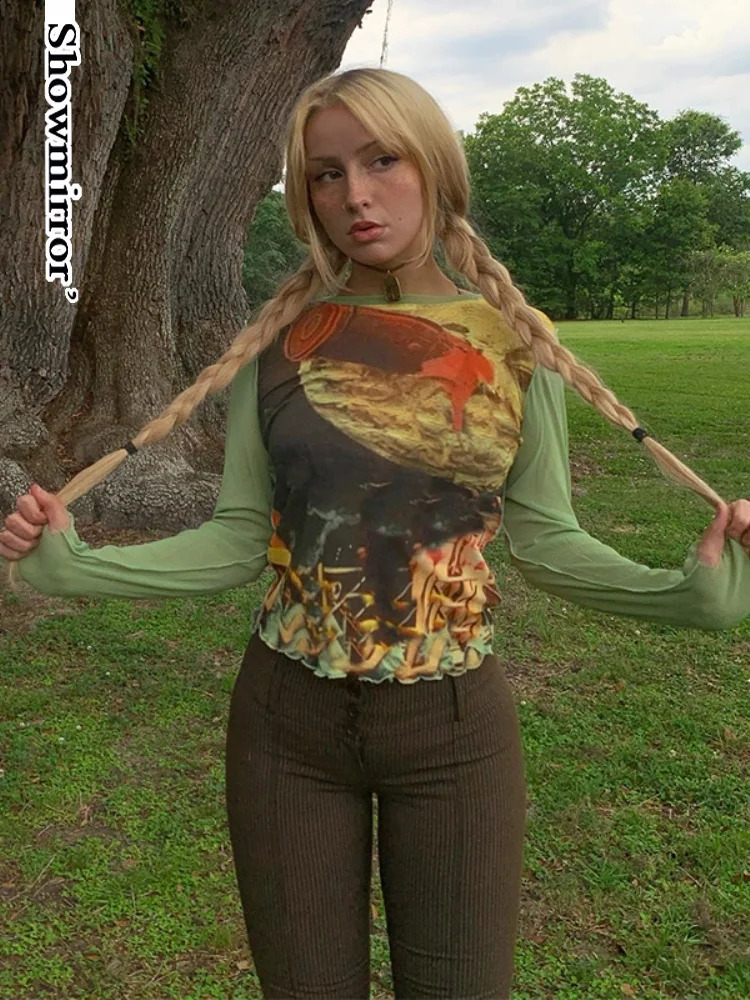 Fairycore Grunge Mesh Y2K T-shirt Womens Retro Green Retro Printed Cut Top Y2K Comparison Summer T-shirt240812