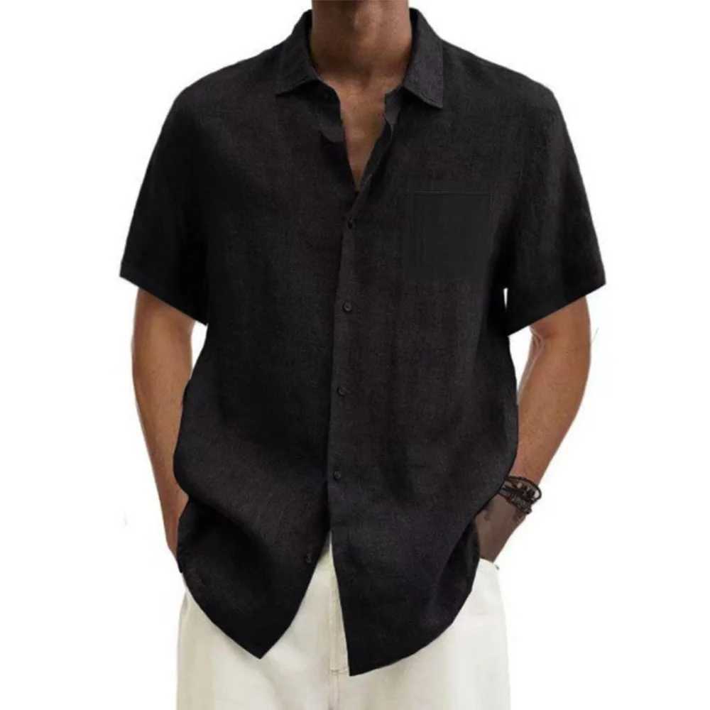 men Cotton Linen Hot Sale Mens Short-Sleeved Shirts Summer Solid Color Turn-down collar Casual Beach Style Plus Size topsXJ240812