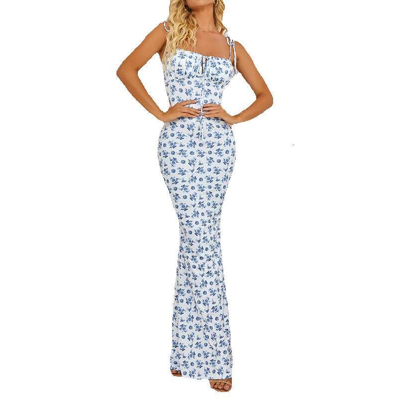 Non-ironing Fashion Leisure Time 2024 Tiktok Summer Womens Bohemian Sleeveless Noodle Lace Fold Long Dress Chiffon Floral Dress Waist Short BOHO DRESS