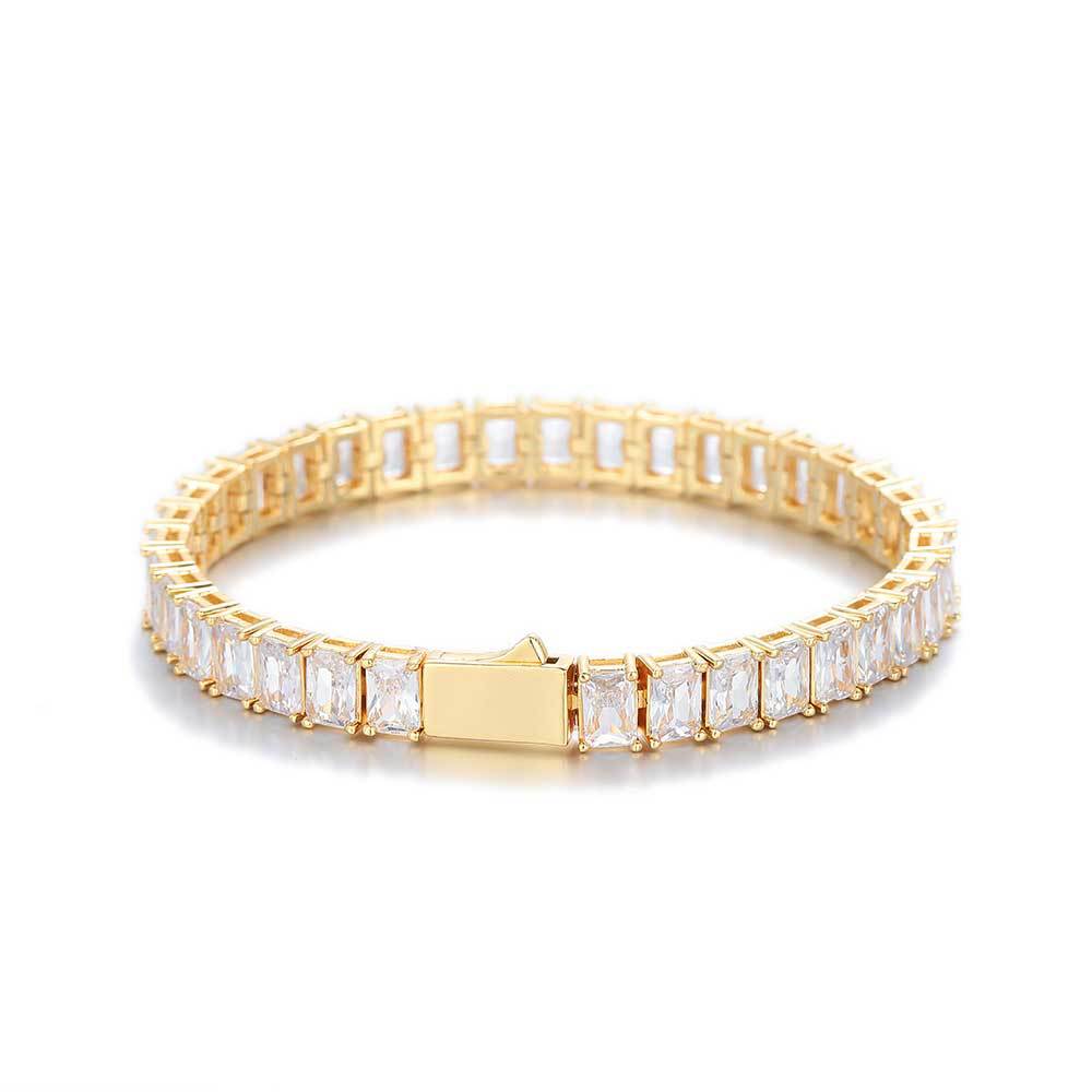 Hip Hop 7mm Square 5A Zircon Tennis Chain Necklace Real Gold Plated Mens Jewelry Set