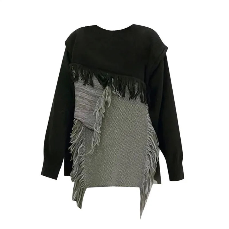 Gidyq Women Patchwork Knitted Sweater Korean Fashion Tassel Female Loose Jumper Casual Streetwear Pullover Tops Autumn 240812