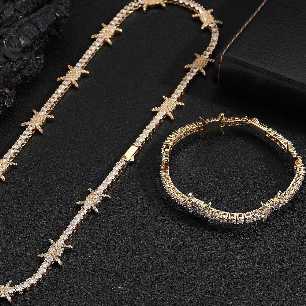 Hip Hop Thorn Tennis Chain 5A Zircon Necklace 18K Real Gold Plated Mens Spring Buckle Jewelry