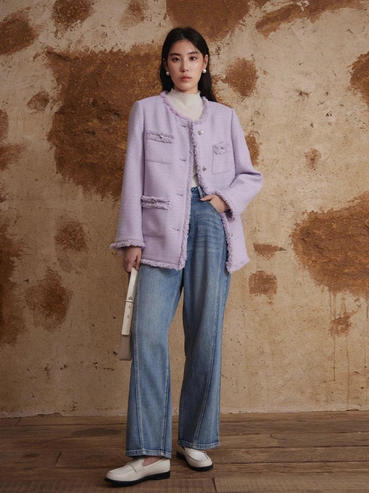 DUSHU 24.9% Wool Women Purple Tweed Jackets Round Neck Single Brested Loose Autumn Coat Fringed Raw Edge Women Mid-Length Jacket 240812
