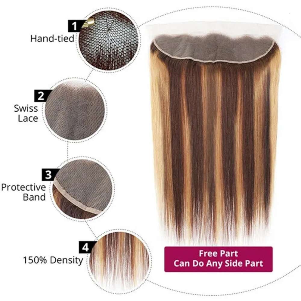 Highlight Only Straight Human Hair For Women Pre Plucked 13X4lace Frontal P4/27 Lace Closure 14-22Inch