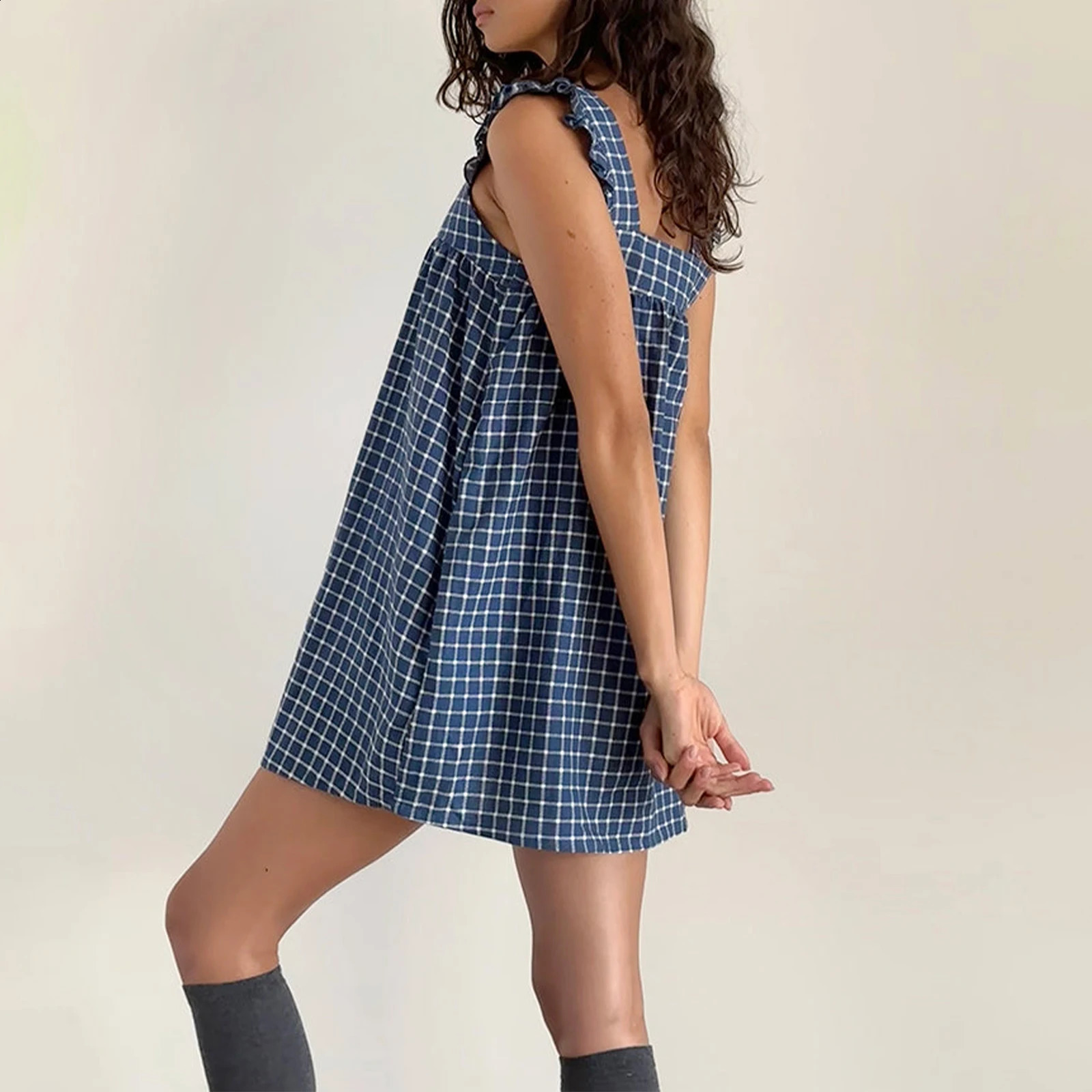 Fashion Women Summer Gingham Mini Dress Spaghetti Strap Square Neck Short Dress Y2k A Line Flowy Skater Slip Dress 240812