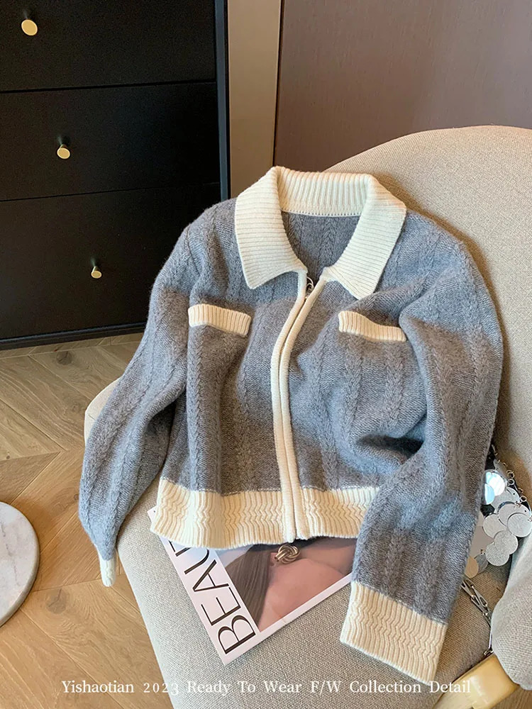 Korean Autumn Women Grey Cashmere Top Single Breasted Cozy Sweater Fashion Simple Cardigans Casual Cozy Outerwear Preppy Style 240812