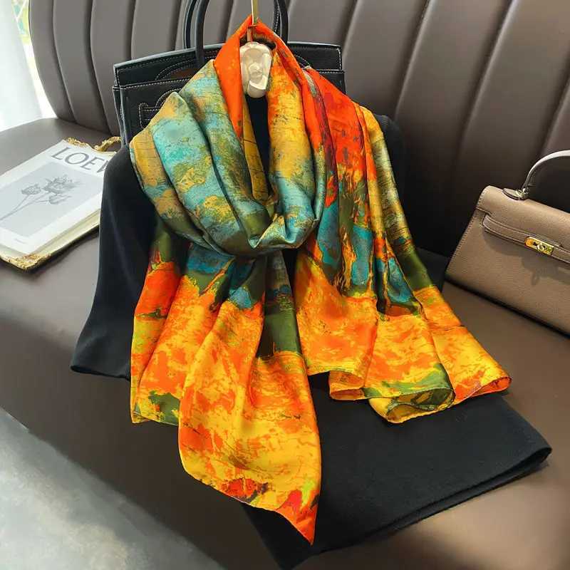 Tensili Brocade Satin Scarf Printed Silk Shawl Summer Womens Sunscreen Hat Luxury Pashmina 180 * 90cm W240810