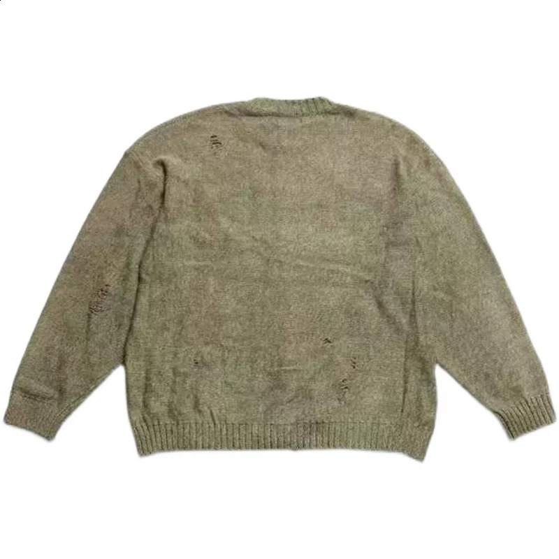 KAPITAL Vintage 1 1 Sweater Men Green Loose Cross Pattern Woman High Quality High Street Damage Hole Oversized Knitted Sweater 240812
