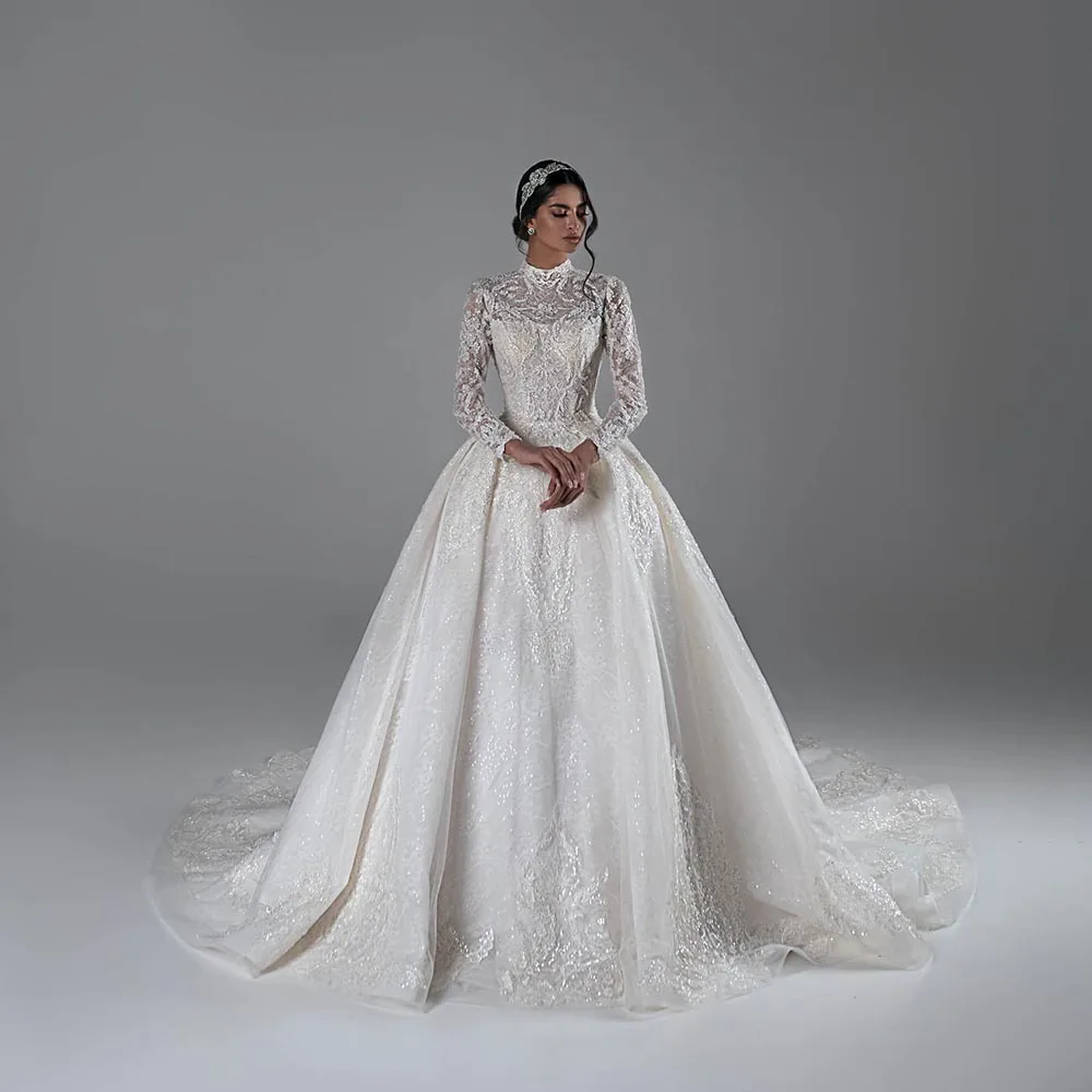 A-e Women Wedding High Neck Long Sleeves Bridal Gowns Lace Appliques Detachable Train Dress Custom Made vestidos de novia