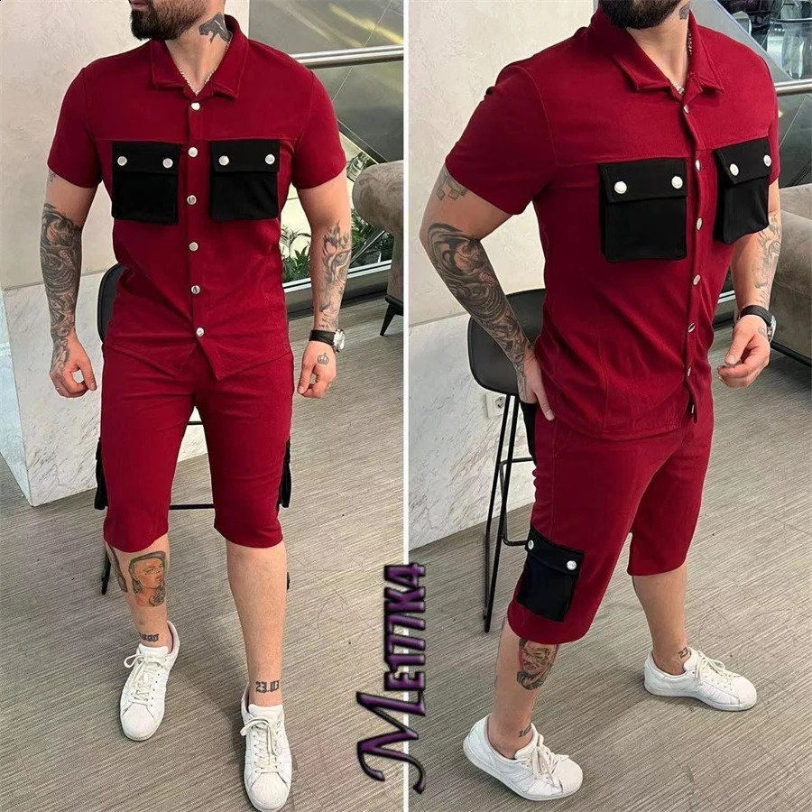 Summer Mens Short sleeved Polo Neck Shirt Shorts Casual Mens Two Piece Set 240812
