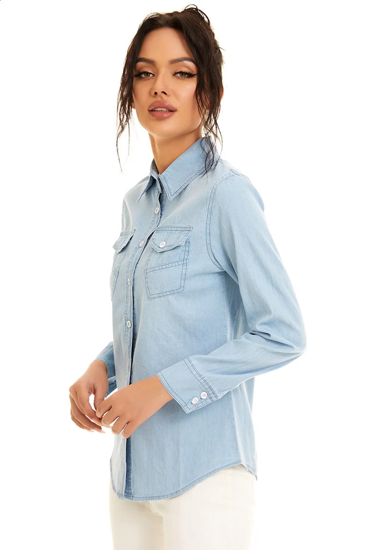 Light Blue Slim Thin Cotton Denim Shirts For Woman 2024 Spring Casual Ladies Tops Long Sleeve Jeans Blouses Clothing 240812