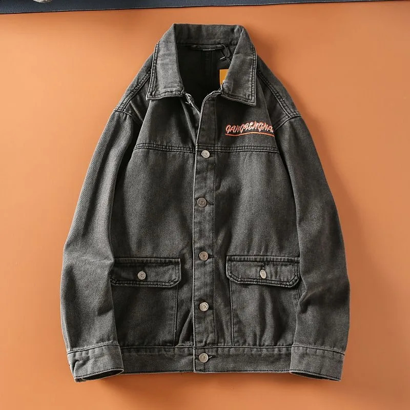 Y2K Harajuku Style Fashion Washed Old Young Men Vintage Hip Hop Letters Embroidered Lapels Casual Denim Jacket 240816