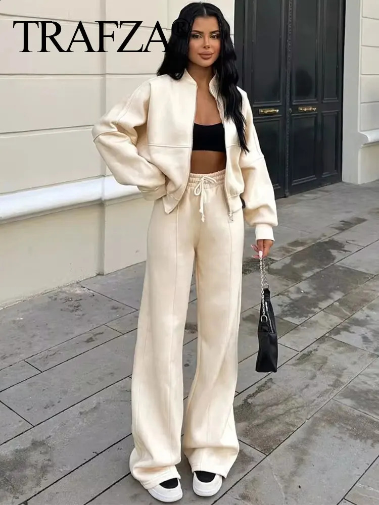 TRAFZA 2024 Woman Solid Trousers Set Long Sleeves Zipper Coat Top Elastic Waist Lace Up Wild Commute Female Wide Leg Pant y240829