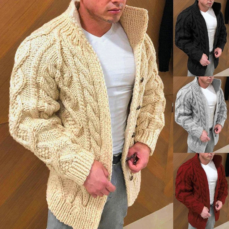 mens autumn and winter sweater long sleeved stand up collar twisted jacquard casual cardigan 240809